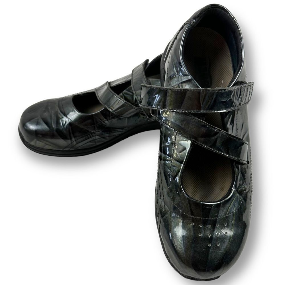 Drew Orchid Black Gray Leather Criss Cross Strap Orthopedic Shoes‎ size 7.5WW